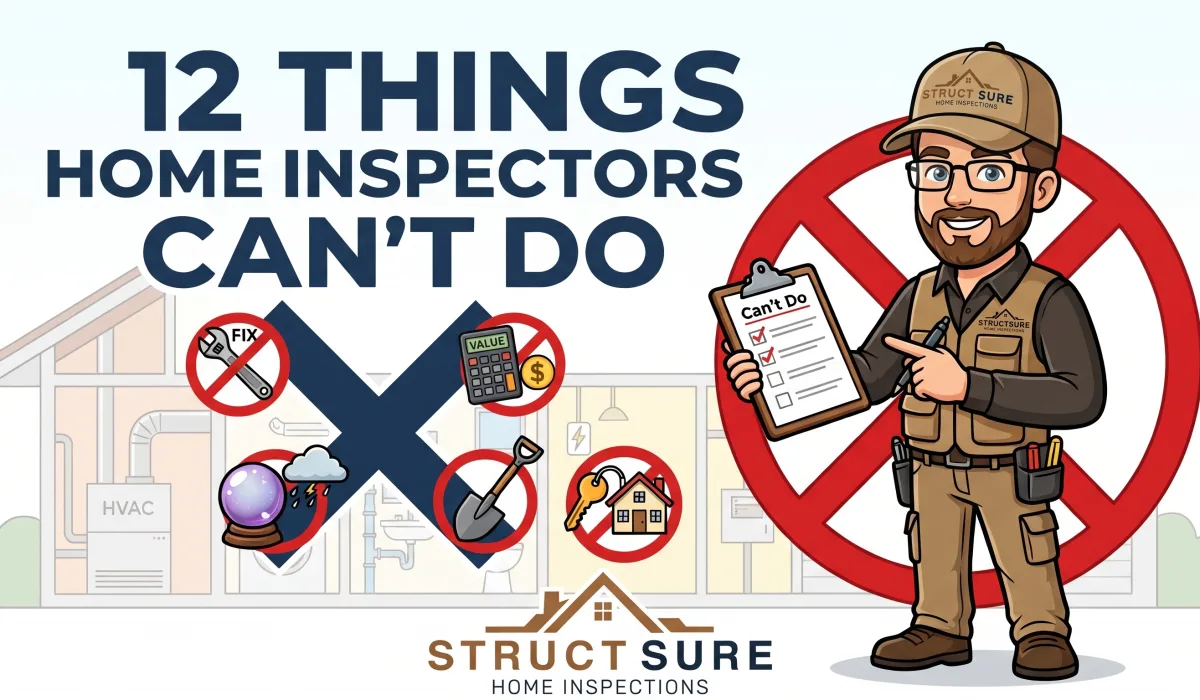 Illustrated graphic: 12 things home inspectors can't do, with a StructSure inspector holding a Can't Do checklist