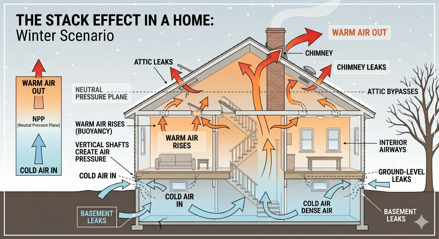 Stack effect diagram showing winter airflow, neutral pressure plane, and basement-to-attic air movement in a home