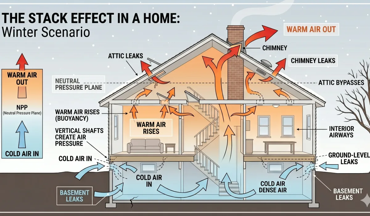 Stack effect diagram showing winter airflow, neutral pressure plane, and basement-to-attic air movement in a home