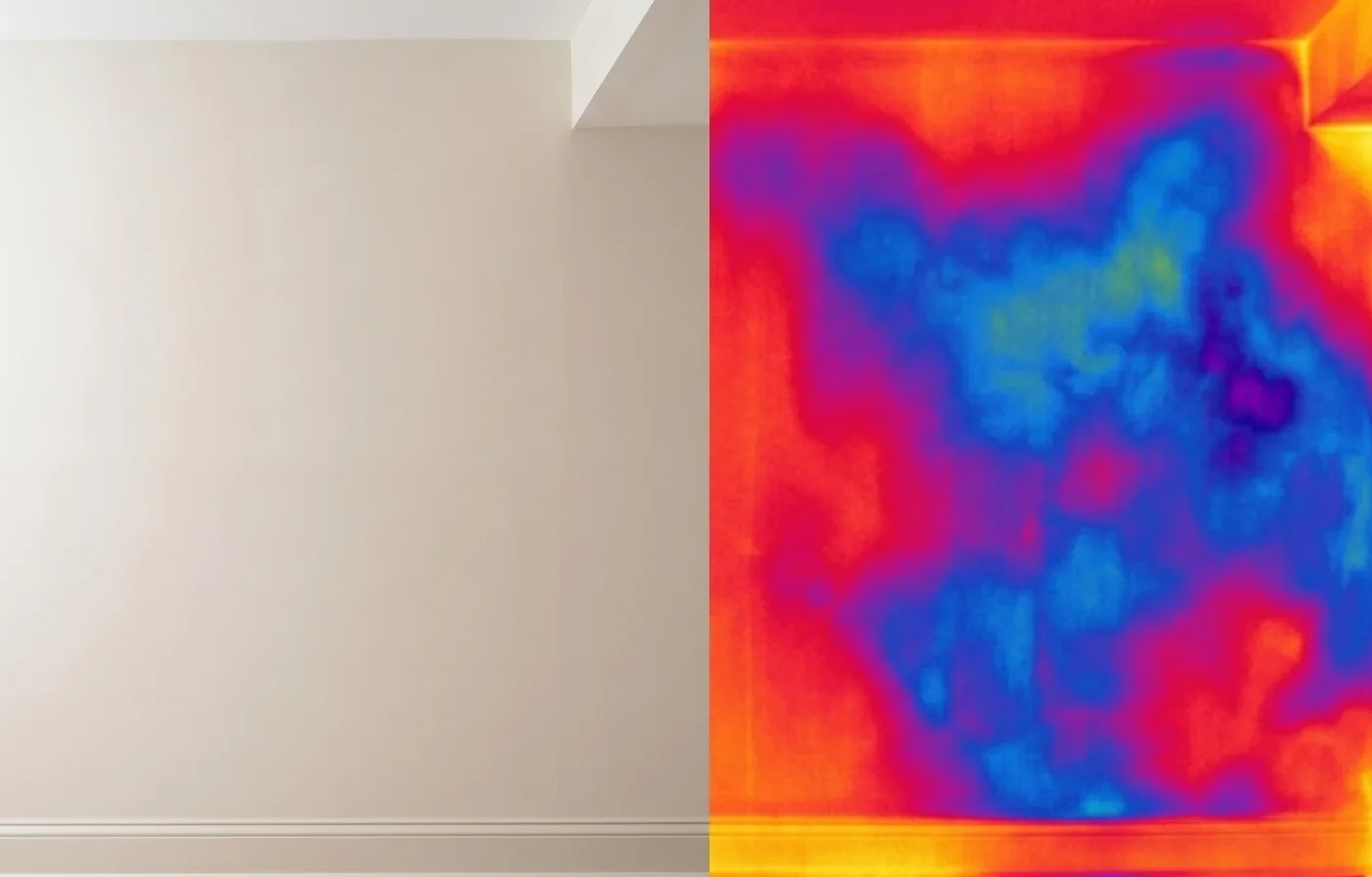 Split view of a wall that looks normal visually but shows hidden moisture under thermal imaging