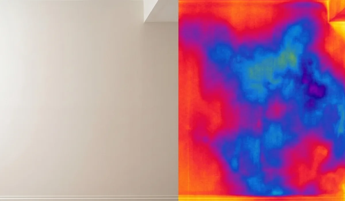 Split view of a wall that looks normal visually but shows hidden moisture under thermal imaging