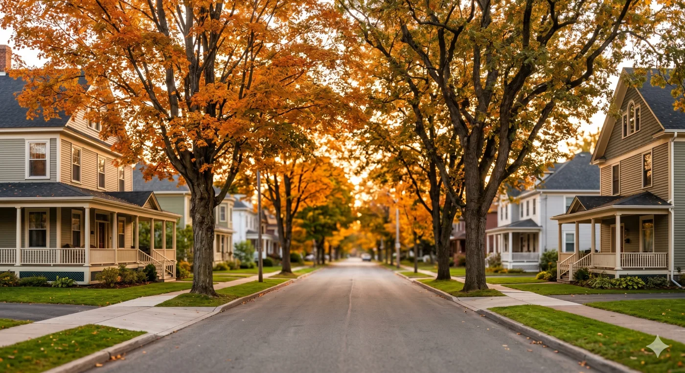 Historic Fredericton residential street with mature tree canopy and older character homes
