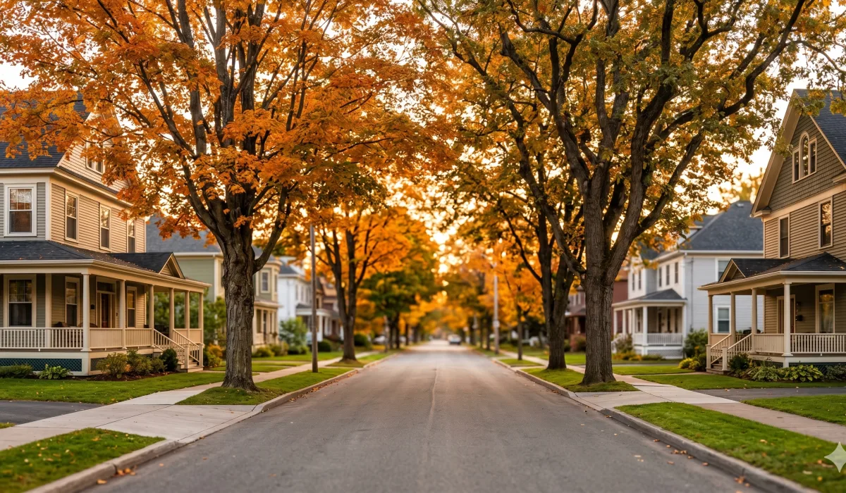 Historic Fredericton residential street with mature tree canopy and older character homes