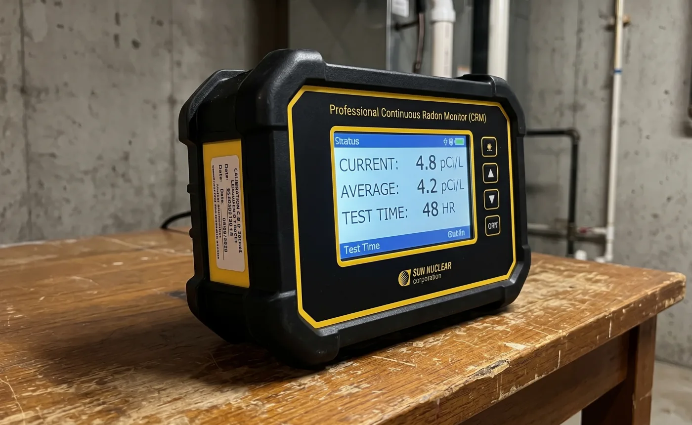 Close-up of a professional continuous radon monitor showing live readings