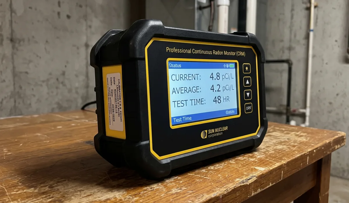 Close-up of a professional continuous radon monitor showing live readings