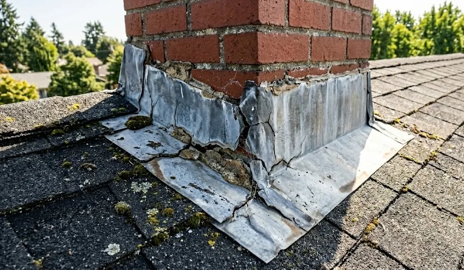 Ultra-close drone image showing roof defect at flashing and shingle transition
