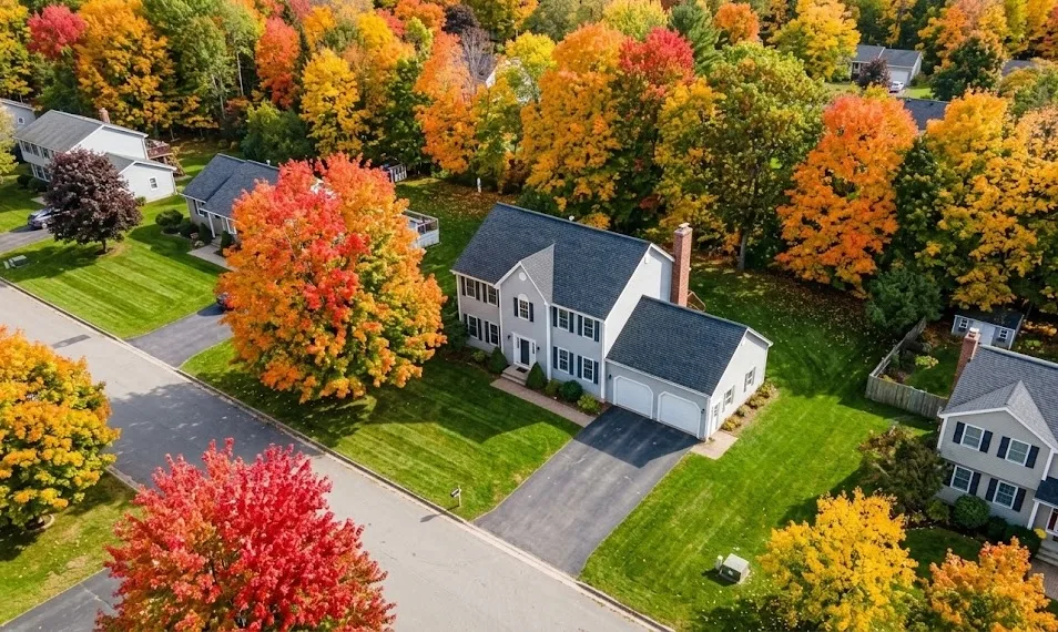 High-definition aerial drone view of a modern single-family home in Fredericton