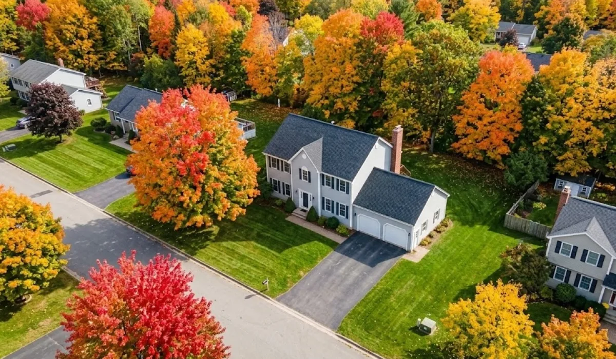 High-definition aerial drone view of a modern single-family home in Fredericton