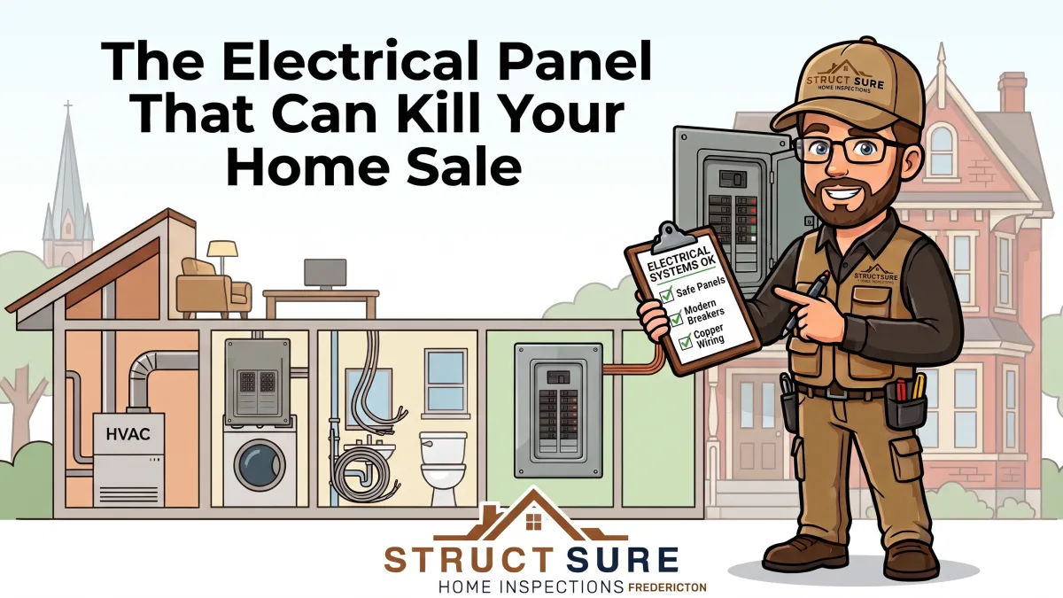 Illustrated graphic: The electrical panel that can kill your home sale, with a StructSure inspector holding an electrical systems checklist