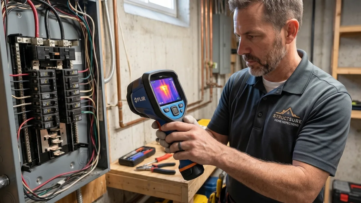 Inspector testing legacy electrical circuits at an older panel in a Fredericton home