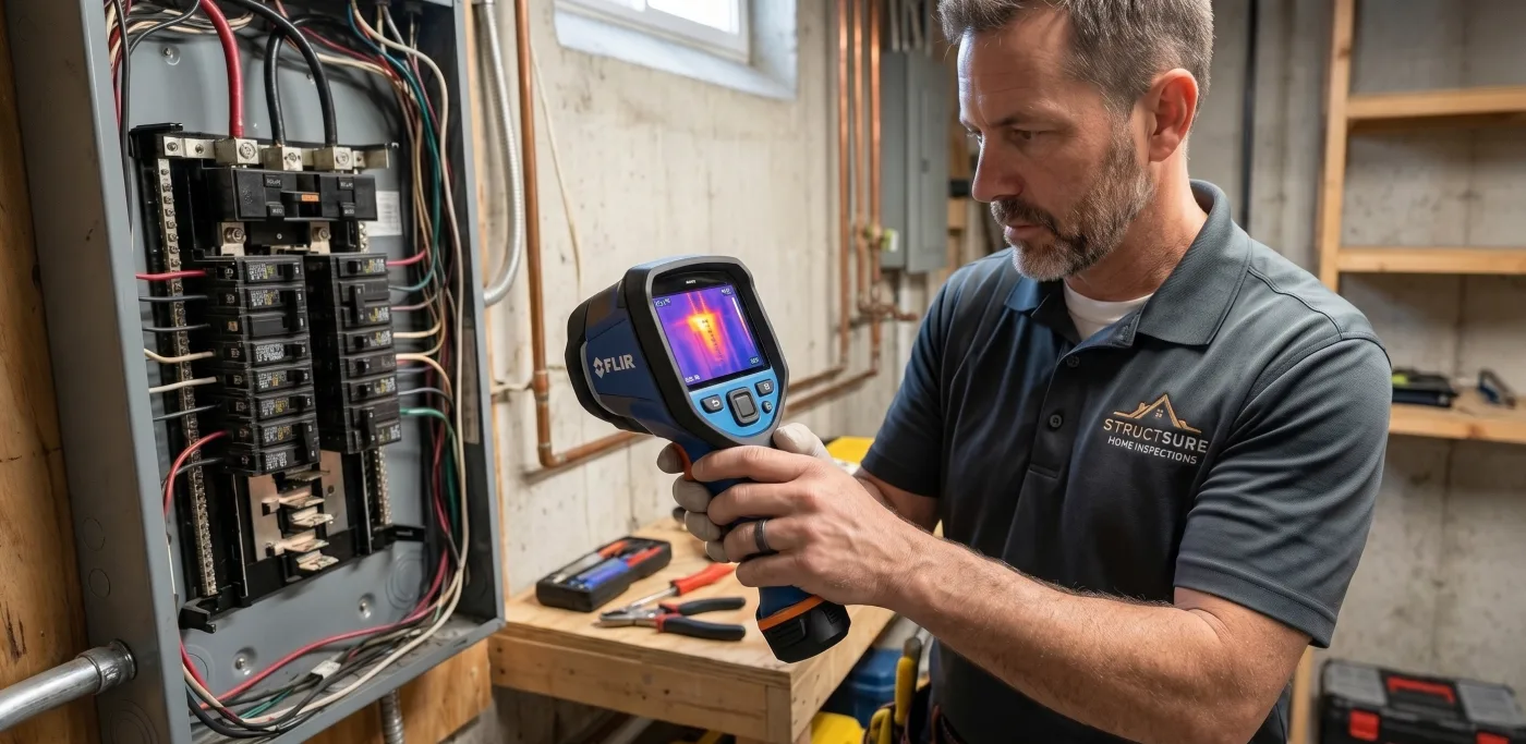 Home inspector using thermal camera at an electrical panel in a Fredericton-area basement