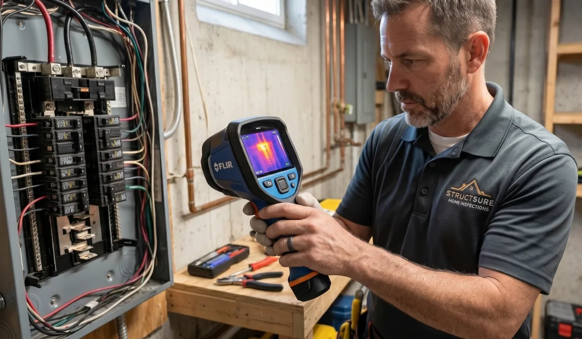 Home inspector using thermal camera at an electrical panel in a Fredericton-area basement
