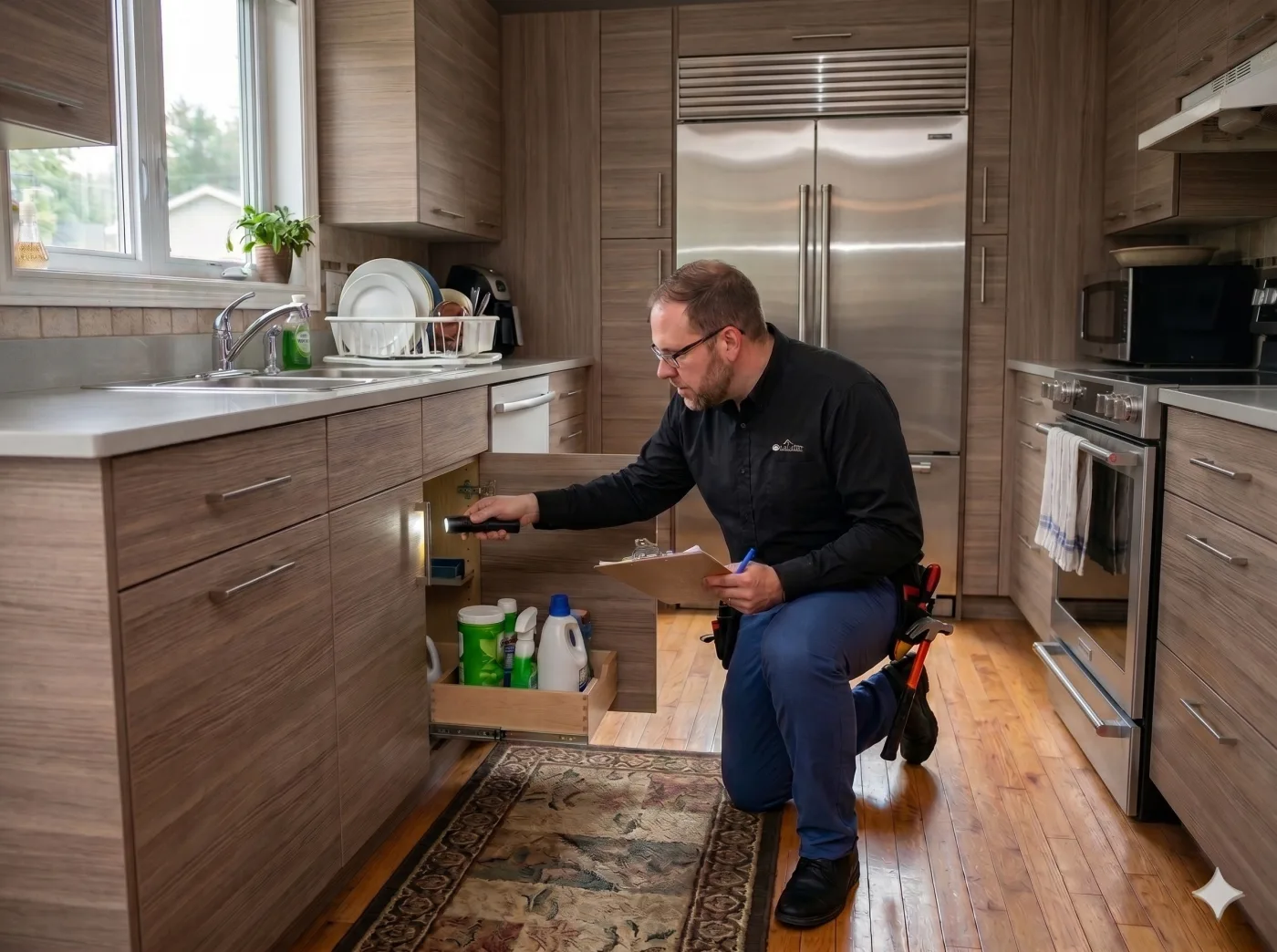 home inspector examining kitchen cabinets in New Brunswick home