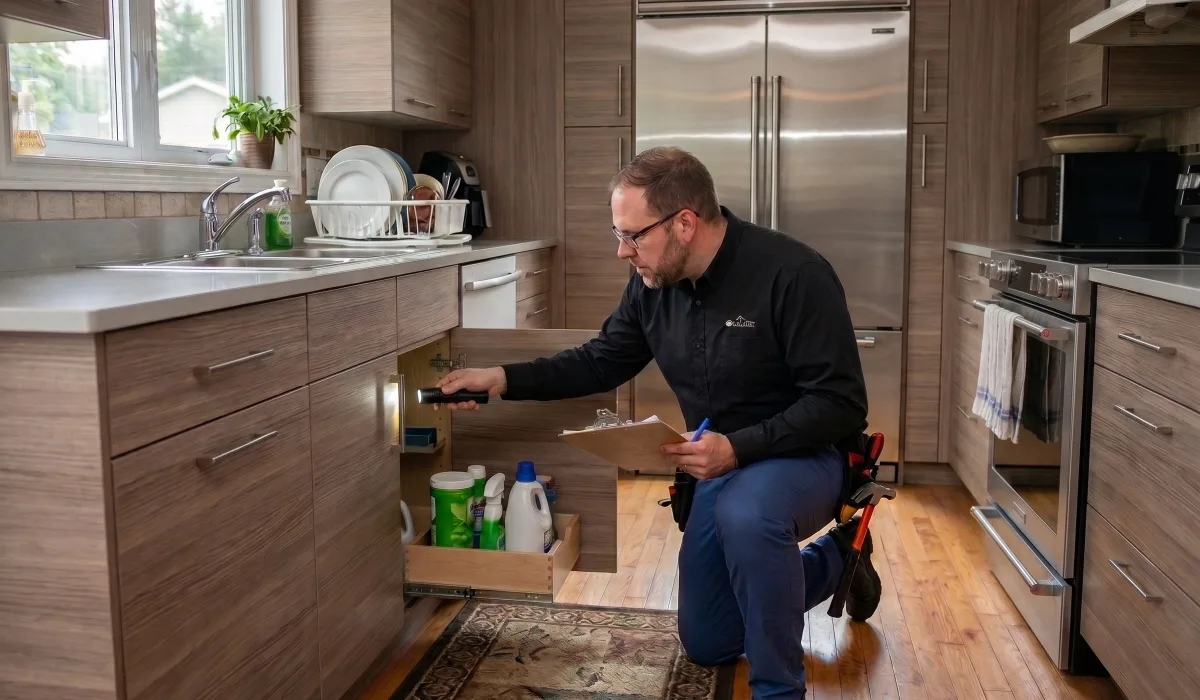 home inspector examining kitchen cabinets in New Brunswick home