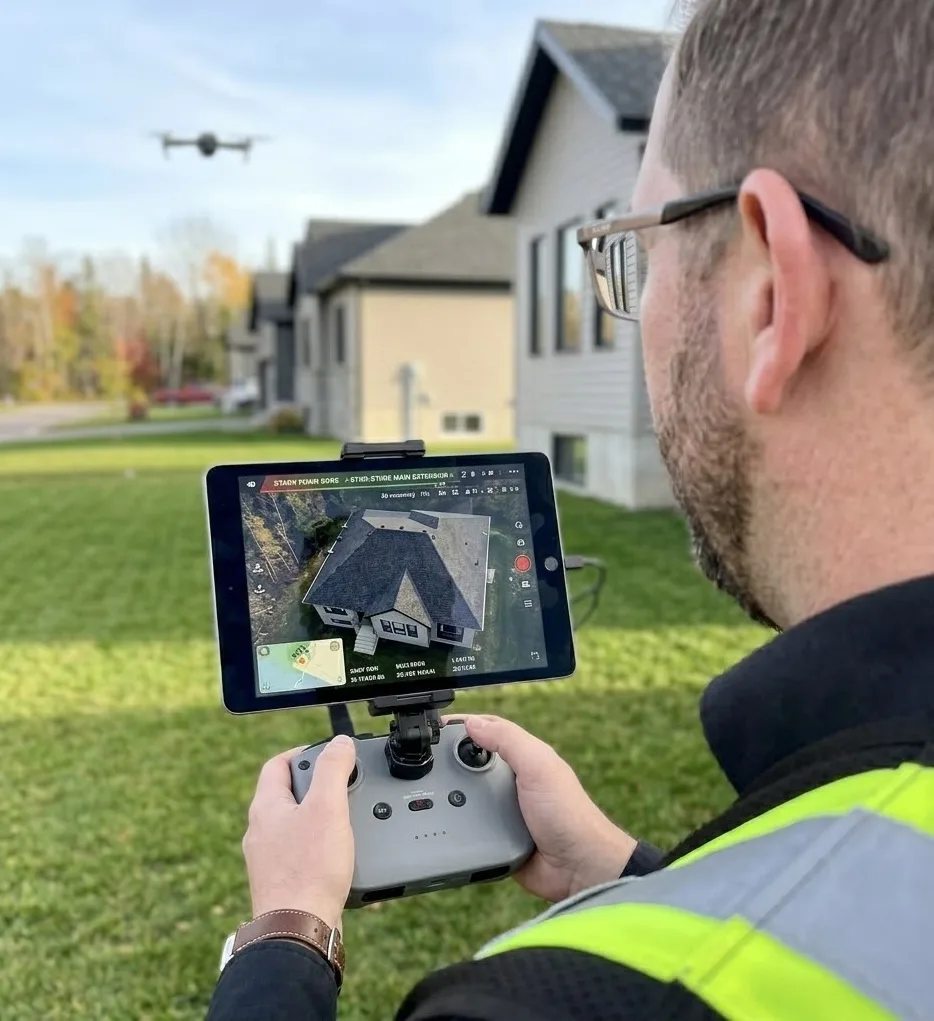 Inspector operating a drone while reviewing live roof imagery on a tablet with a homebuyer