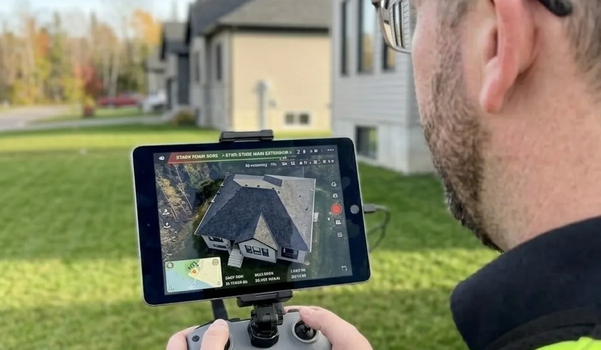 Inspector operating a drone while reviewing live roof imagery on a tablet with a homebuyer
