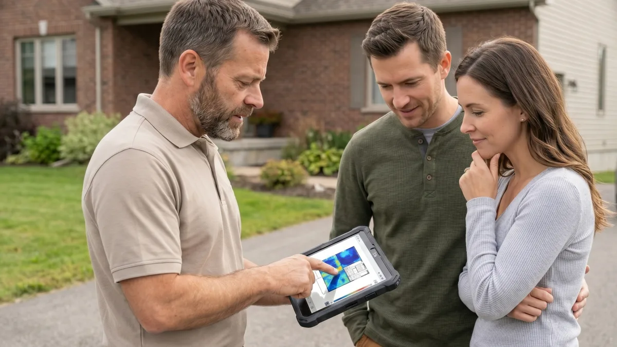 Inspector and seller reviewing electrical repair invoices and panel upgrade documentation