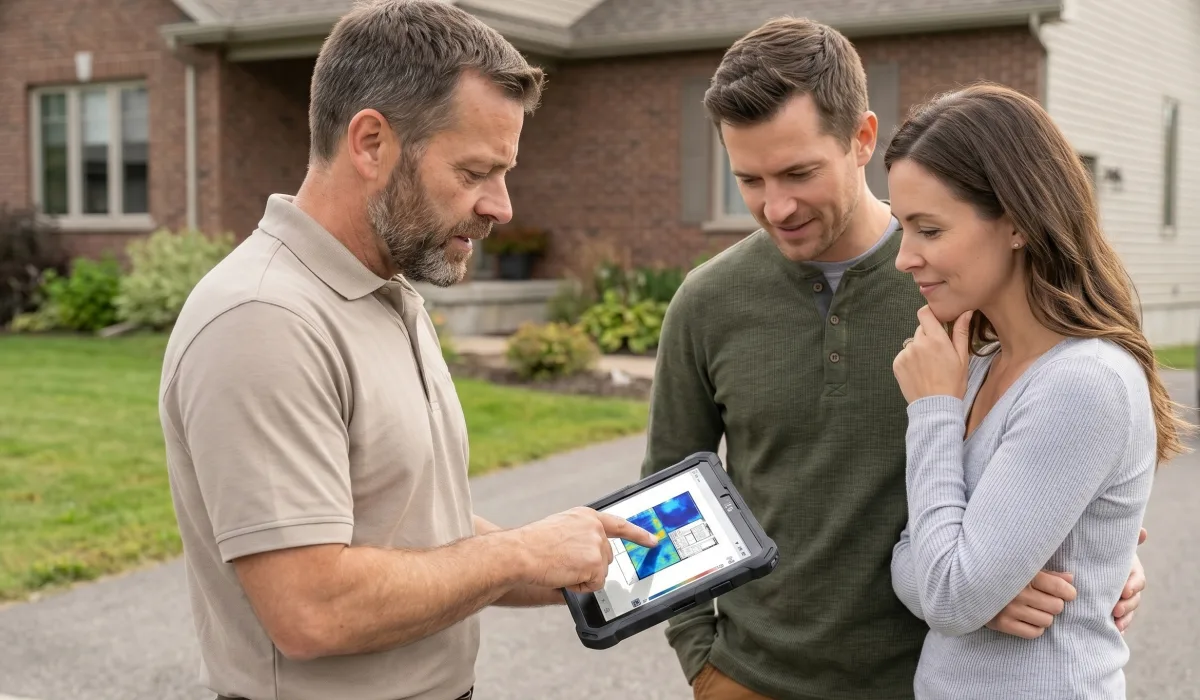 Home inspector reviewing sewer line findings with buyers on a Fredericton property