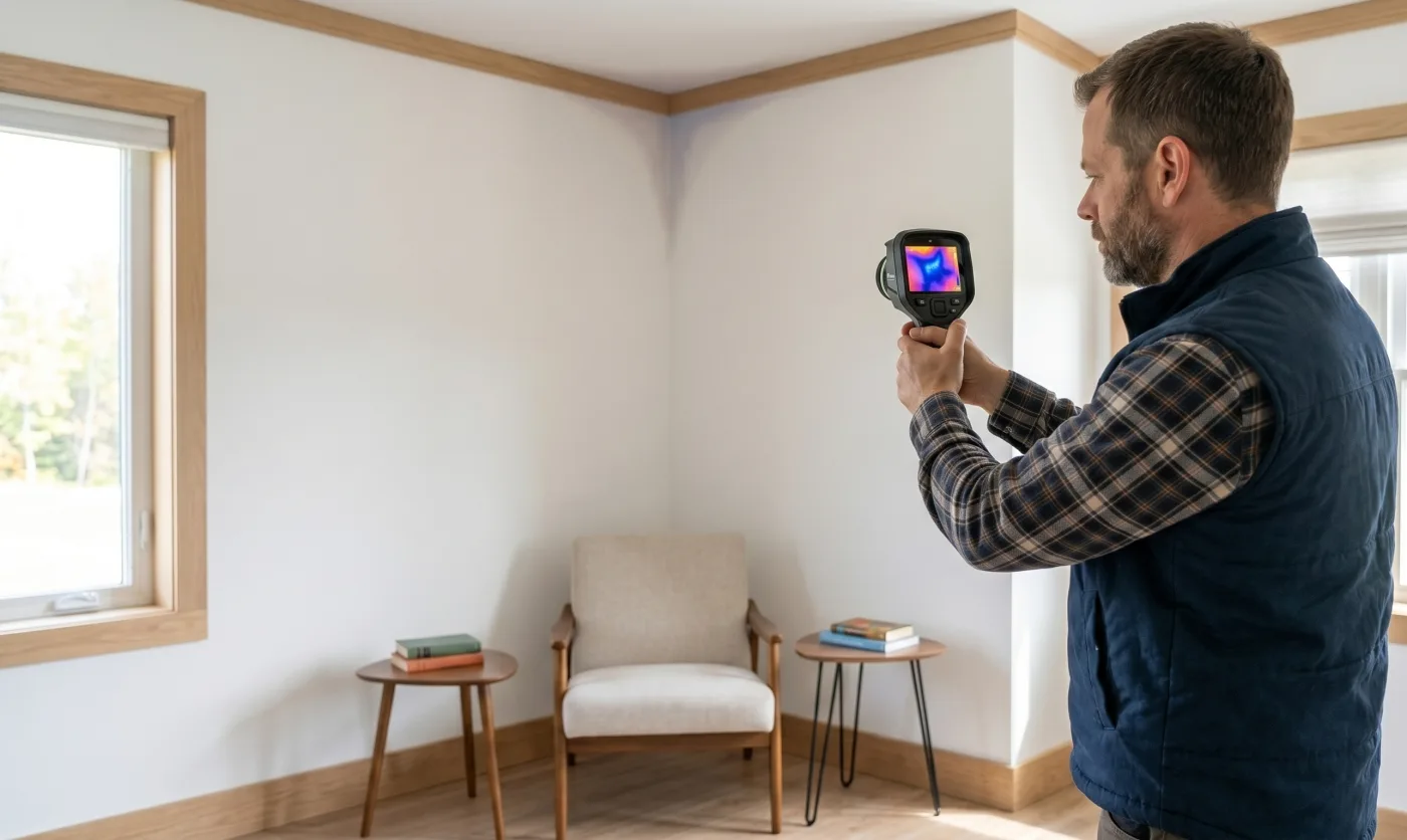Inspector using an infrared camera on a finished interior corner with thermal screen visible