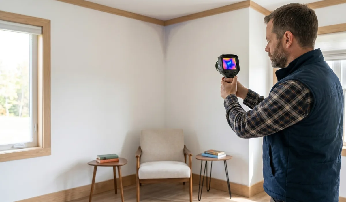 Inspector using an infrared camera on a finished interior corner with thermal screen visible