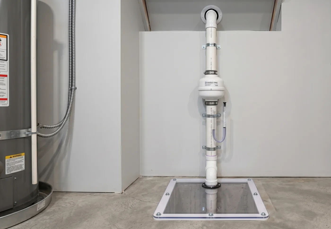 Professional active sub-slab depressurization system with radon pipe and fan
