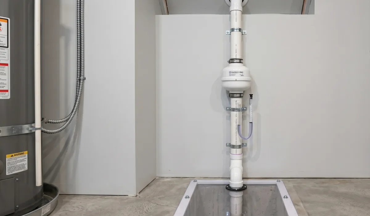 Professional active sub-slab depressurization system with radon pipe and fan