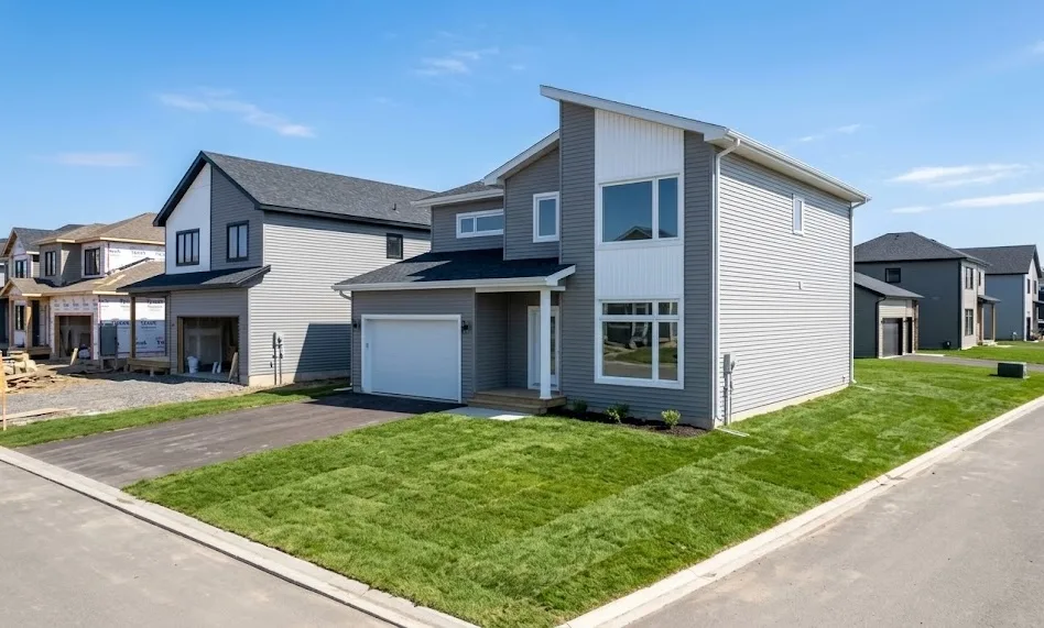 Bright exterior of a newly constructed contemporary home in a clean New Brunswick subdivision