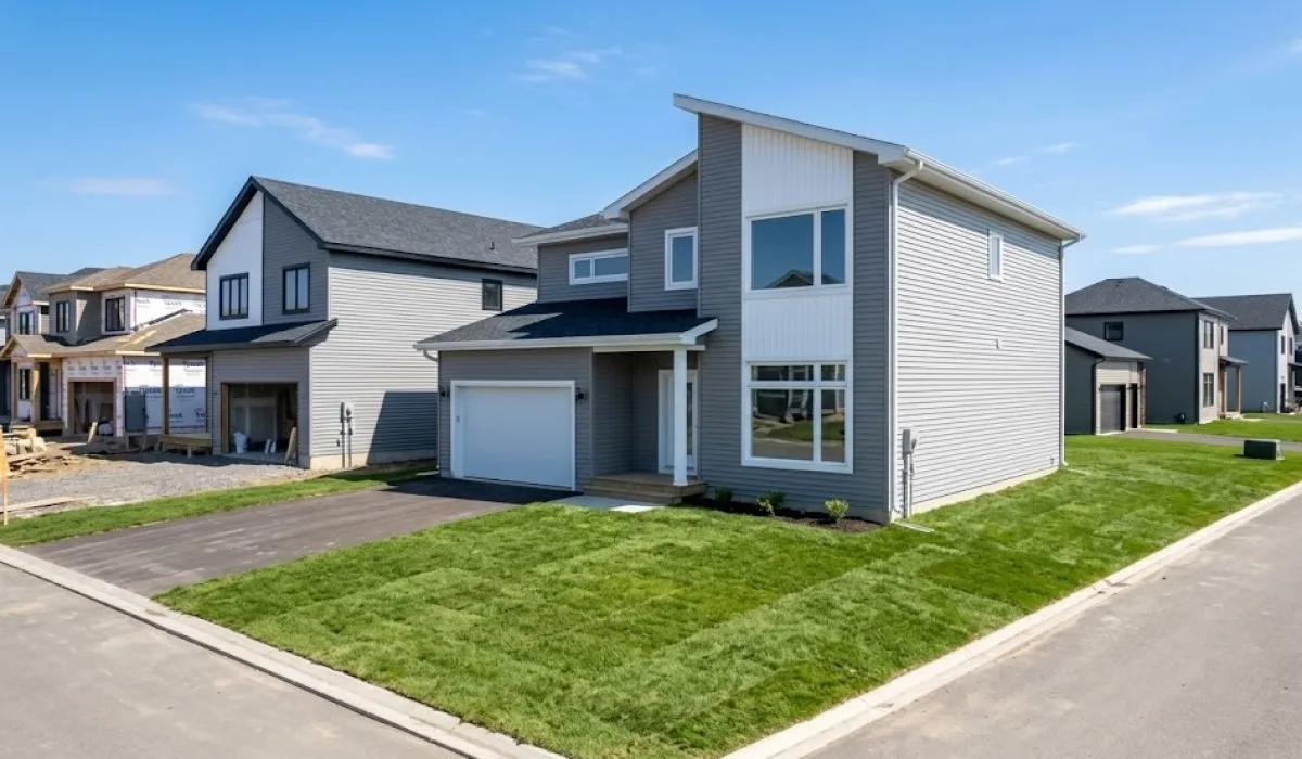 Bright exterior of a newly constructed contemporary home in a clean New Brunswick subdivision