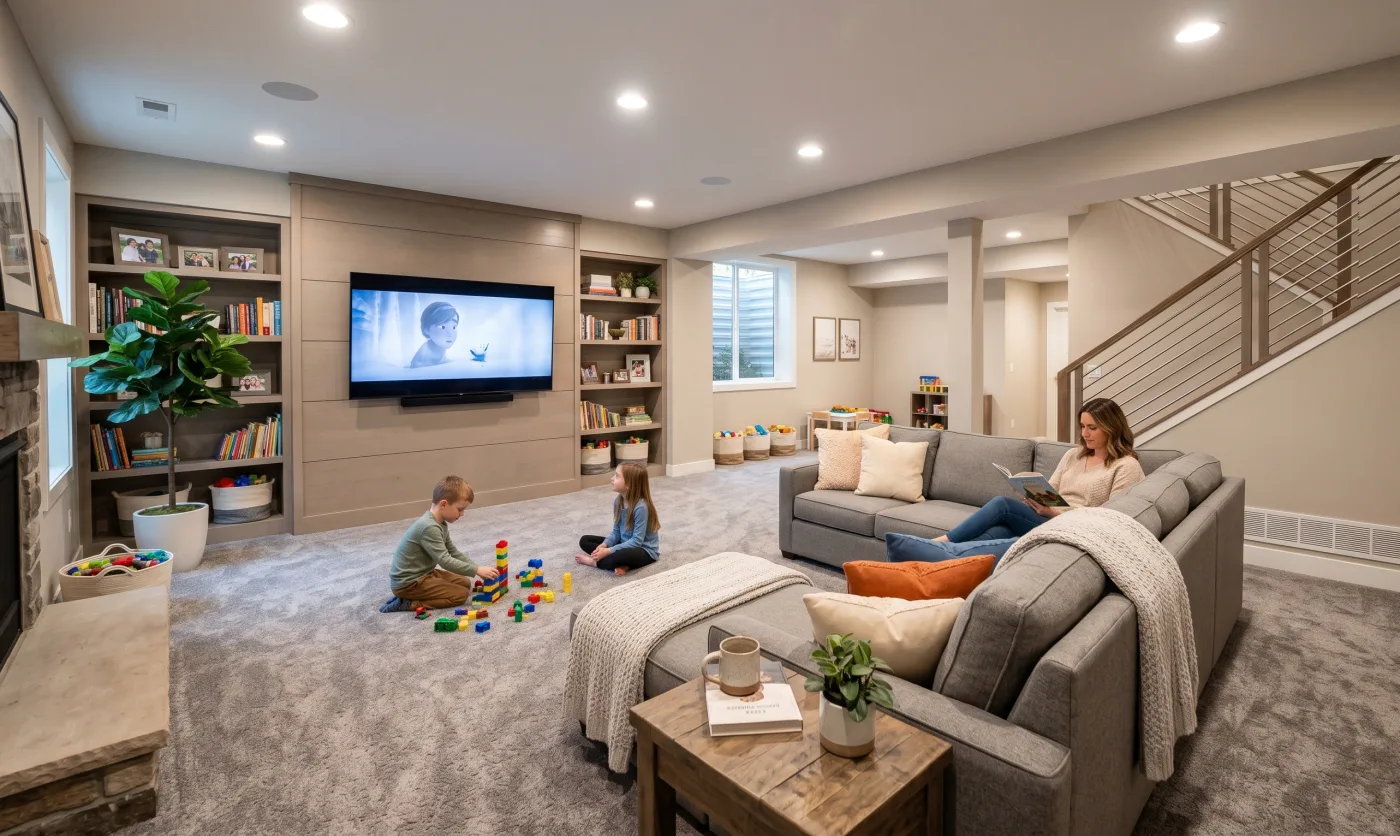 Pristine finished basement living space in a modern suburban home