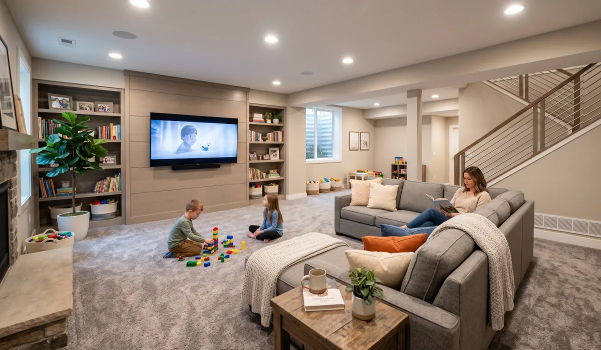 Pristine finished basement living space in a modern suburban home