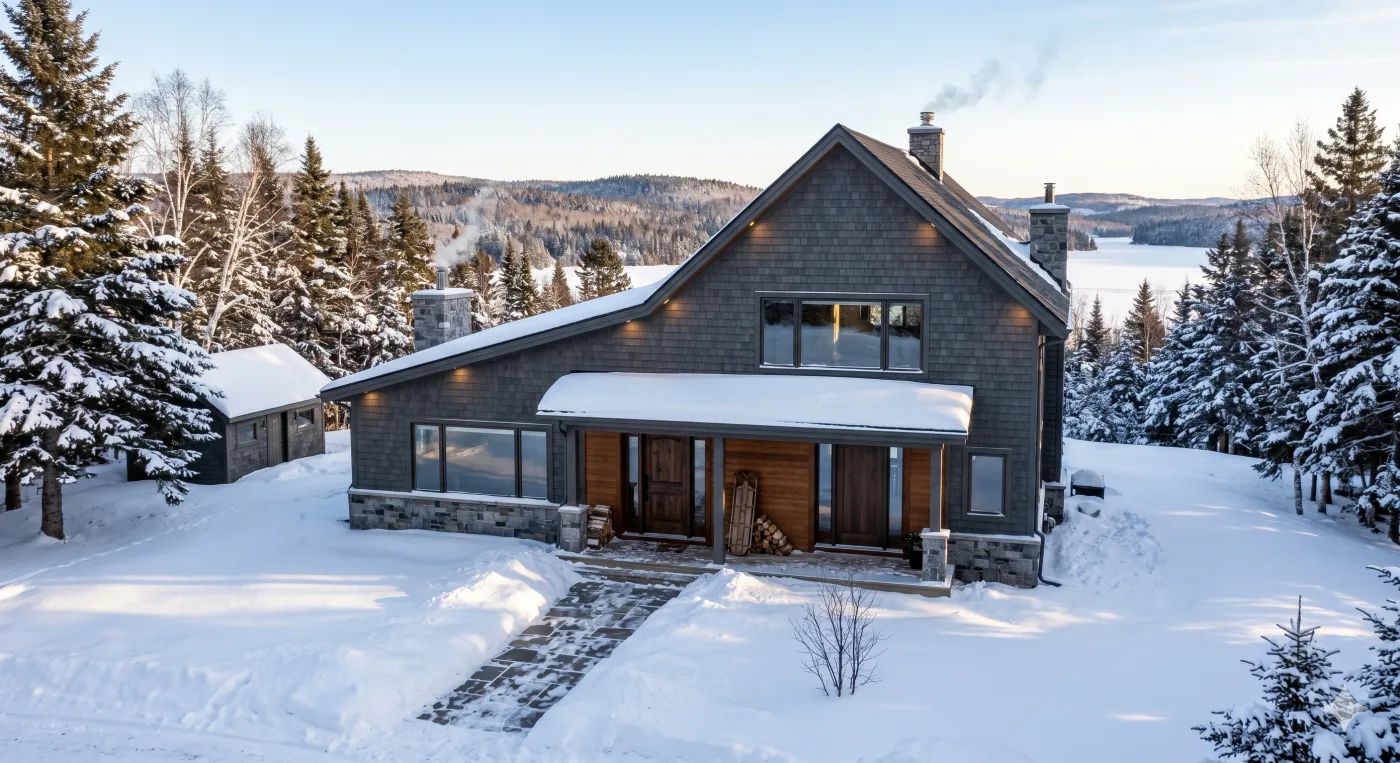 Professional winter exterior of a New Brunswick home with clean rooflines and consistent snow coverage
