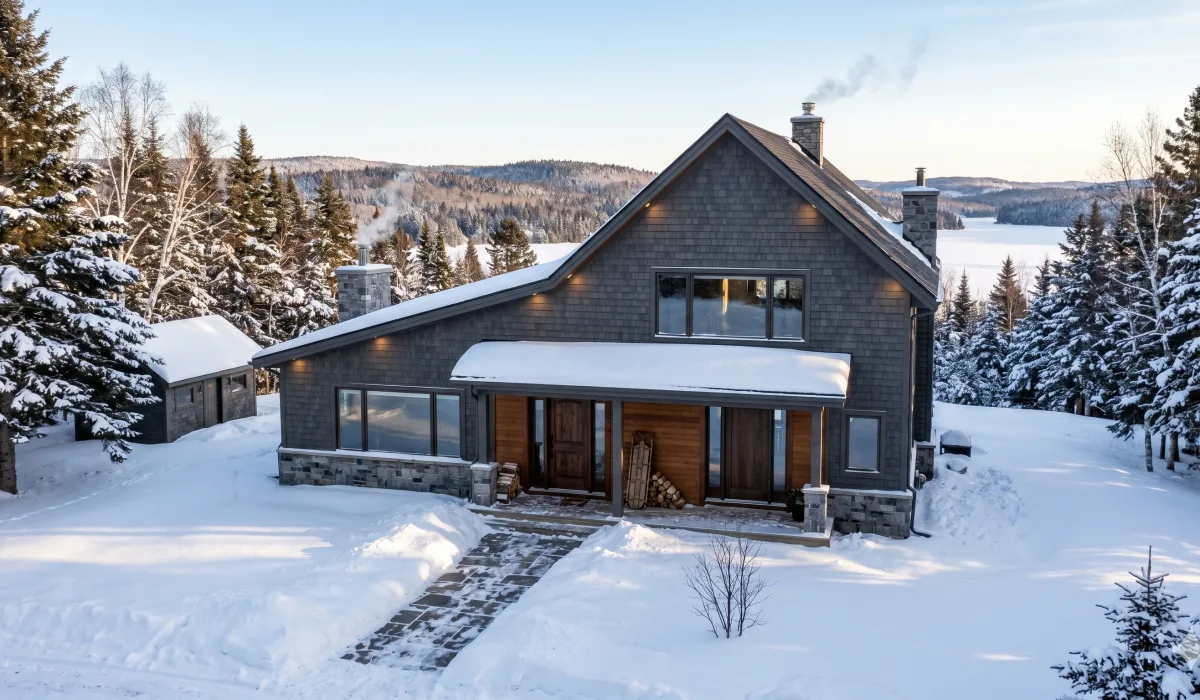 Professional winter exterior of a New Brunswick home with clean rooflines and consistent snow coverage