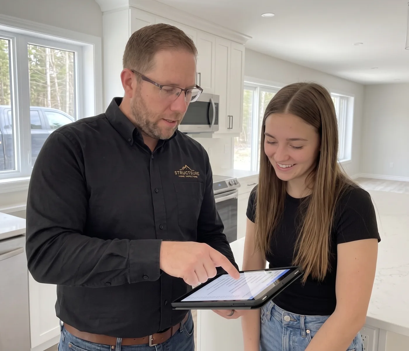 Inspector reviewing a digital new-home warranty checklist with a buyer in a bright modern interior