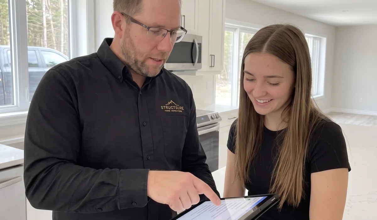 Inspector reviewing a digital new-home warranty checklist with a buyer in a bright modern interior