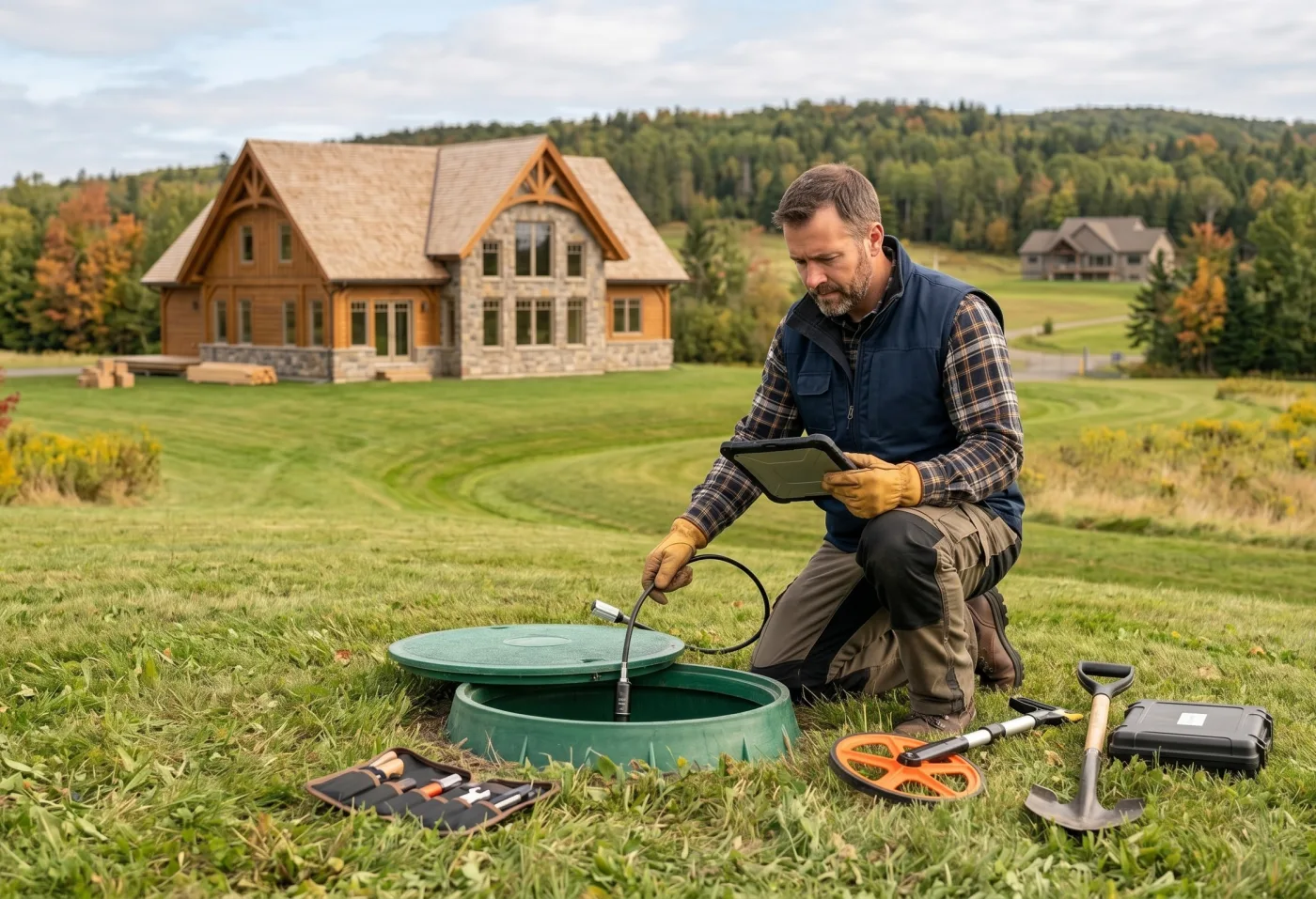 Home inspector assessing a rural septic system riser on a lawn in New Brunswick