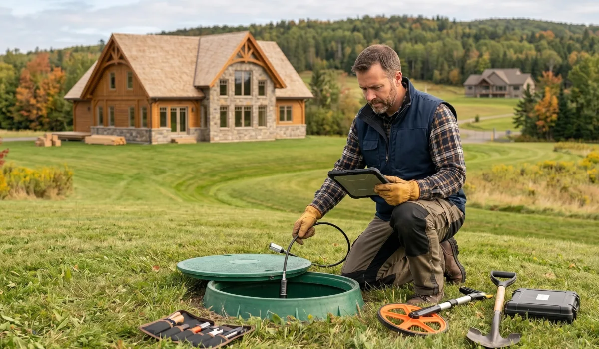 Home inspector assessing a rural septic system riser on a lawn in New Brunswick