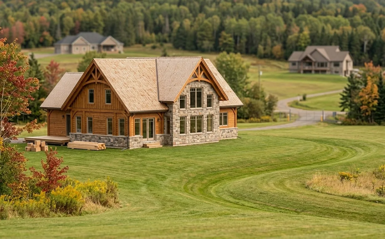 Rural New Brunswick home with expansive lawn, visible grading, and private septic field context