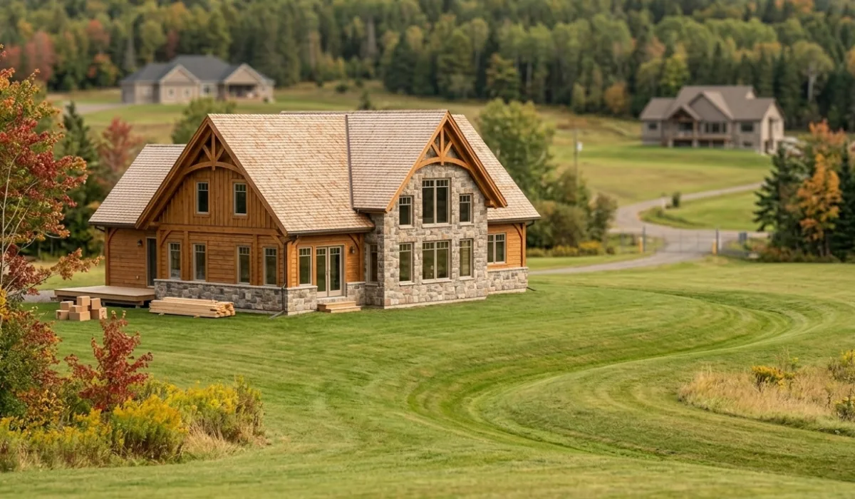 Rural New Brunswick home with expansive lawn, visible grading, and private septic field context