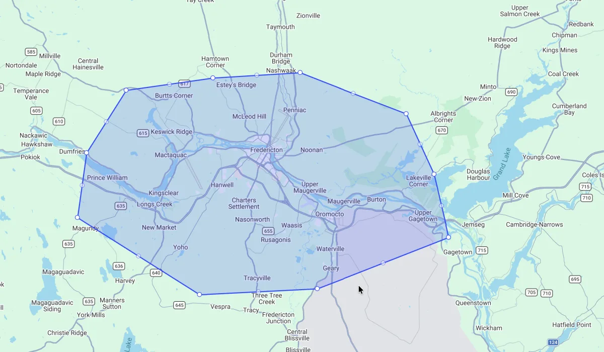 StructSure Home Inspections service area map covering Fredericton, Oromocto, New Maryland, Hanwell, Lincoln, Rusagonis, Douglas, Keswick, Kingsclear, Nasonworth, Burton, Geary, and Richibucto Road