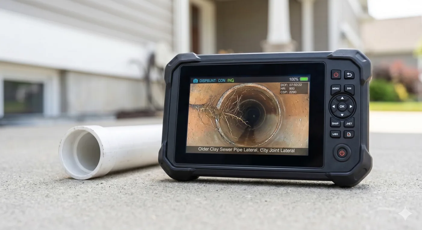Professional sewer scope monitor showing interior pipe conditions during a residential inspection
