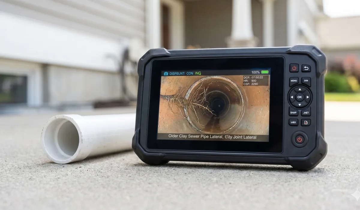 Professional sewer scope monitor showing interior pipe conditions during a residential inspection