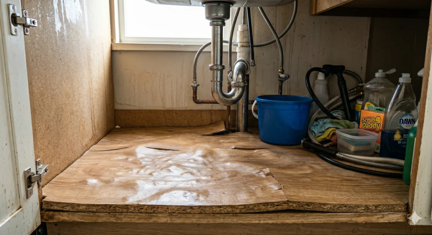 swollen particle board kitchen cabinet caused by moisture damage
