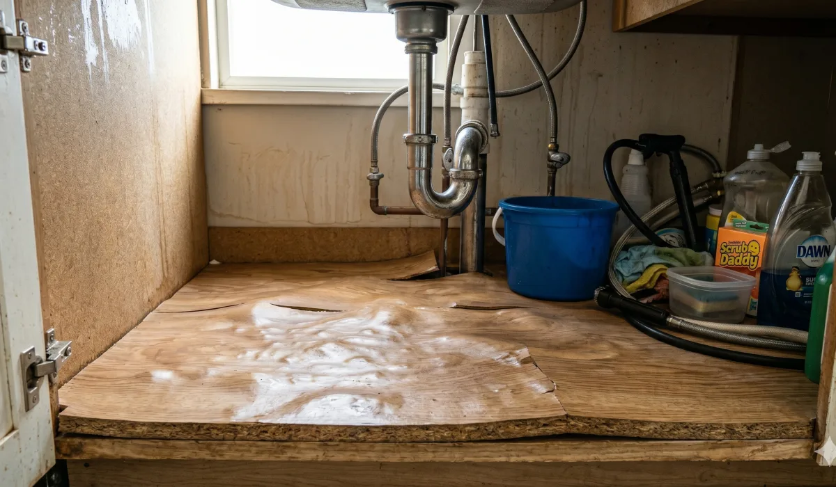 swollen particle board kitchen cabinet caused by moisture damage