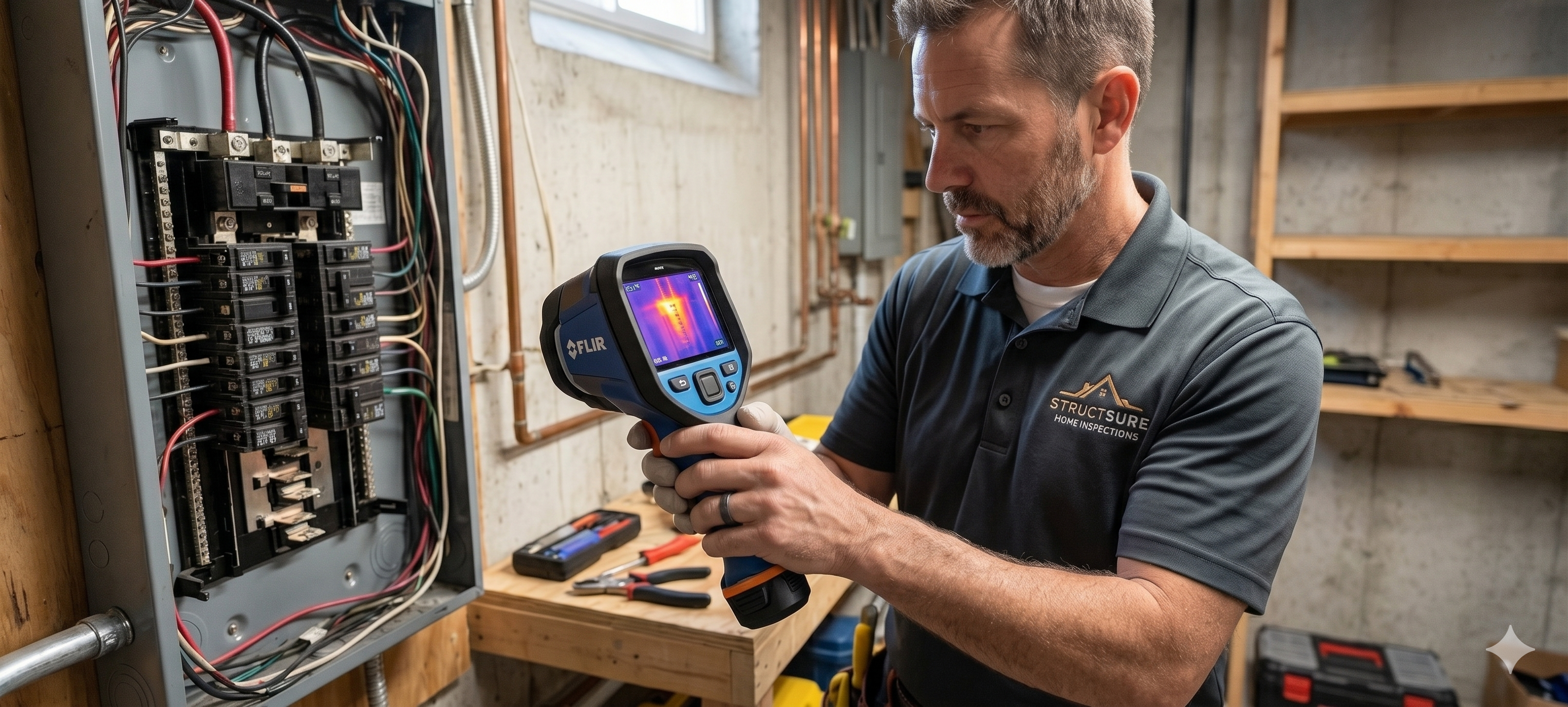 Home inspector using thermal imaging camera on electrical panel during Hanwell home inspection